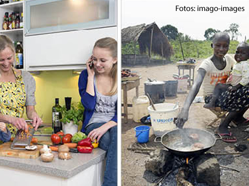 Eine Fotocollage zeigt eine westliche Frau, die Gemüse schneidet und eine afrikanische Frau, die in einem Topf rührt. 