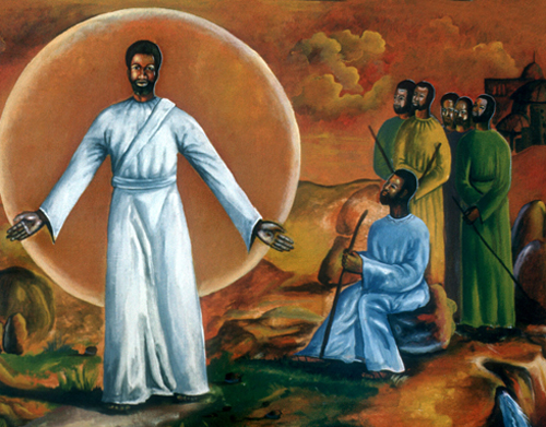 Wandbild in der Kirche Sankt Pius in einem Township bei Bulawayo. Es stammt von George Nene in Rhodesien im Januar 1977. Es zeigt Christus mit den Jüngern.