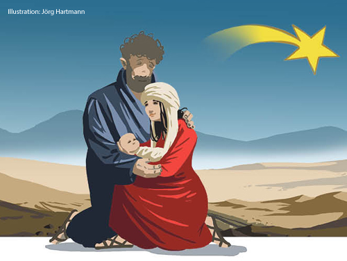 Eine Illustration zeigt Maria, Josef und das Jesuskind