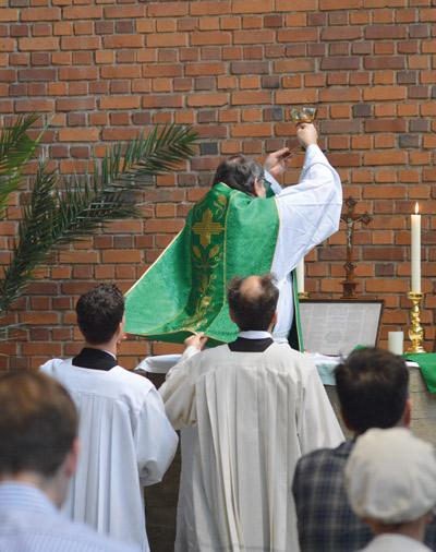 Während der Wandlung in einer katholischen Messe erhebt der Priester den Kelch