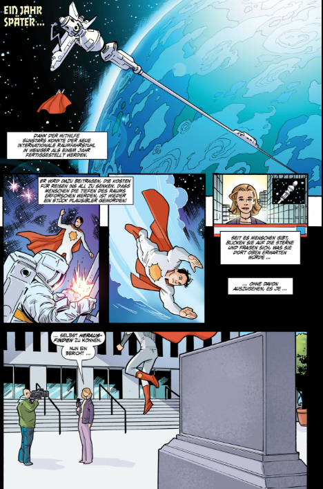 Die erste Seite aus dem Comic Second Coming: Sie zeigt einen Superhelden, der mit Cape und Anzug durchs All fliegt und dann auf die Erde zurückkommt, auf der gerade eine Reporterin über ihn vor einer Kamera berichtet.