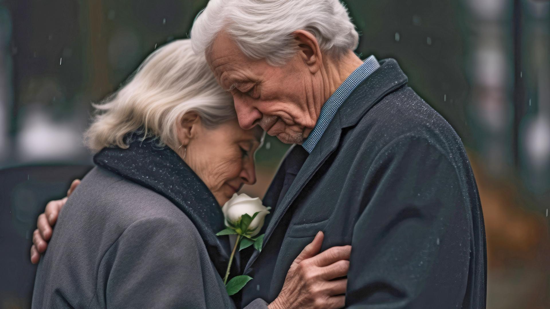 Kraft und Trost spenden: Ein Paar verabschiedet sich bei einer Beerdigung von einem lieben Menschen
