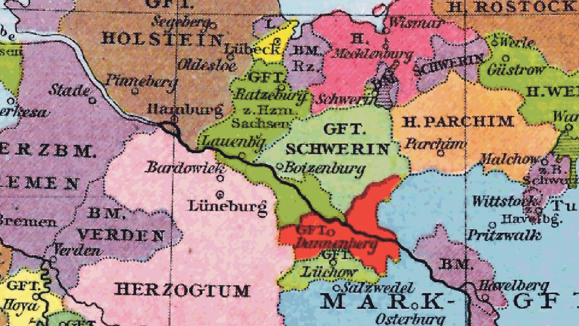 Die Grafschaft Schwerin und umliegende Länder um 1250.