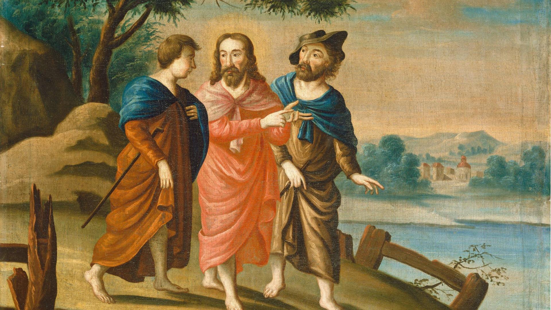 Jesus in der Mitte begleitet zwei Jünger auf ihrem Weg.