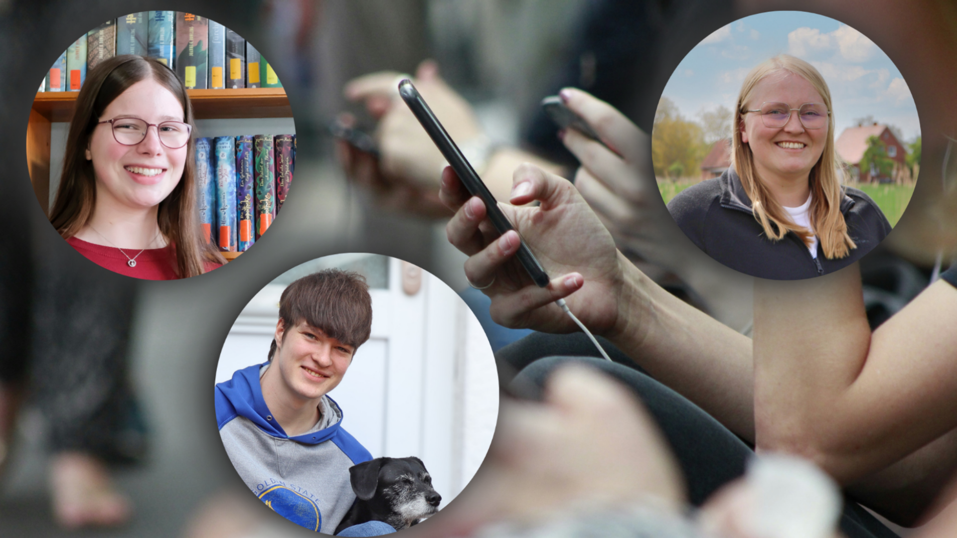 Drei junge Menschen vor einem Bild mit einem Mobiltelefon