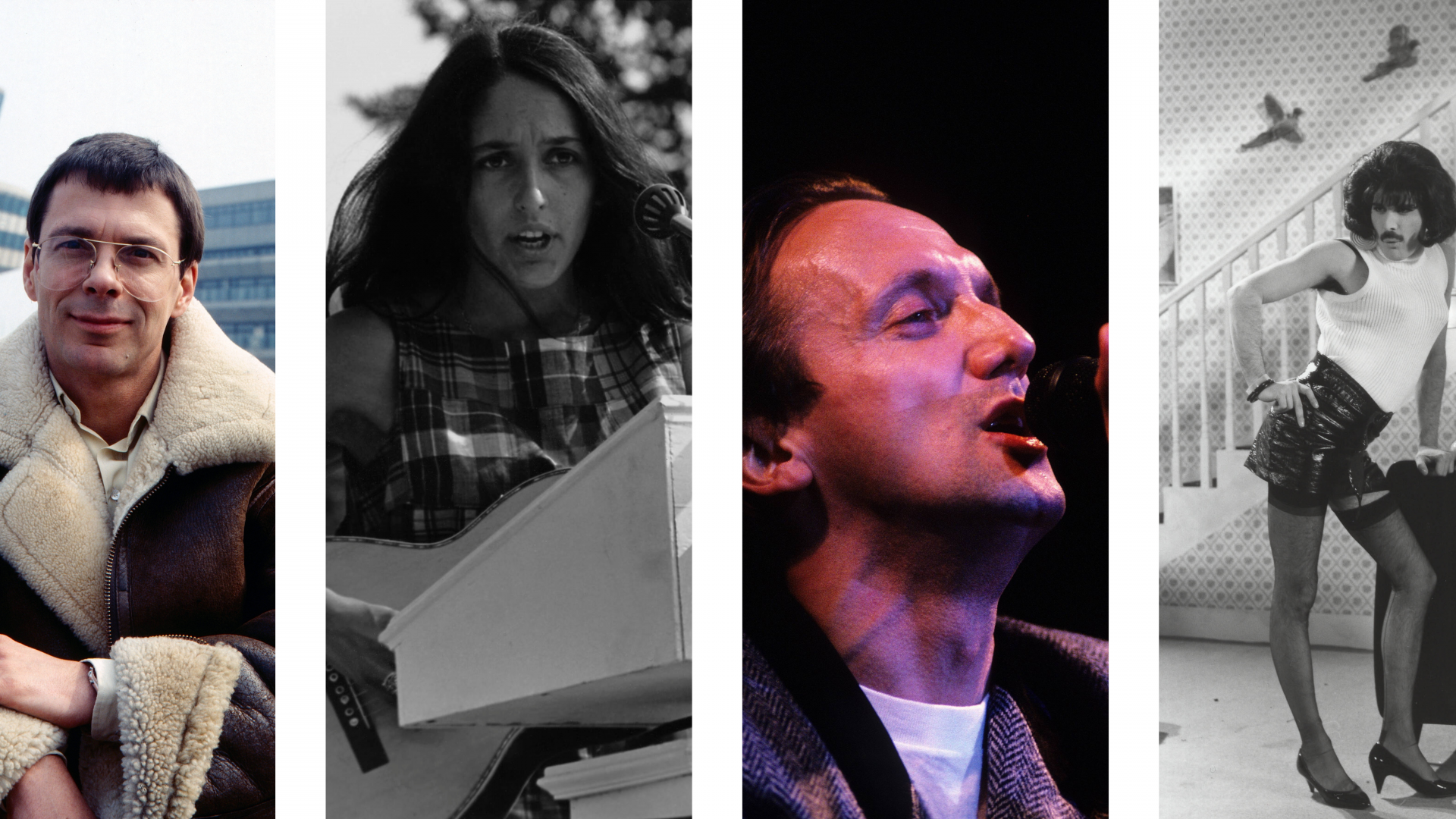 V.l.n.r.: Freddie Mercury, Reinhard Mey, Joan Baez, Marius Müller-Westernhagen