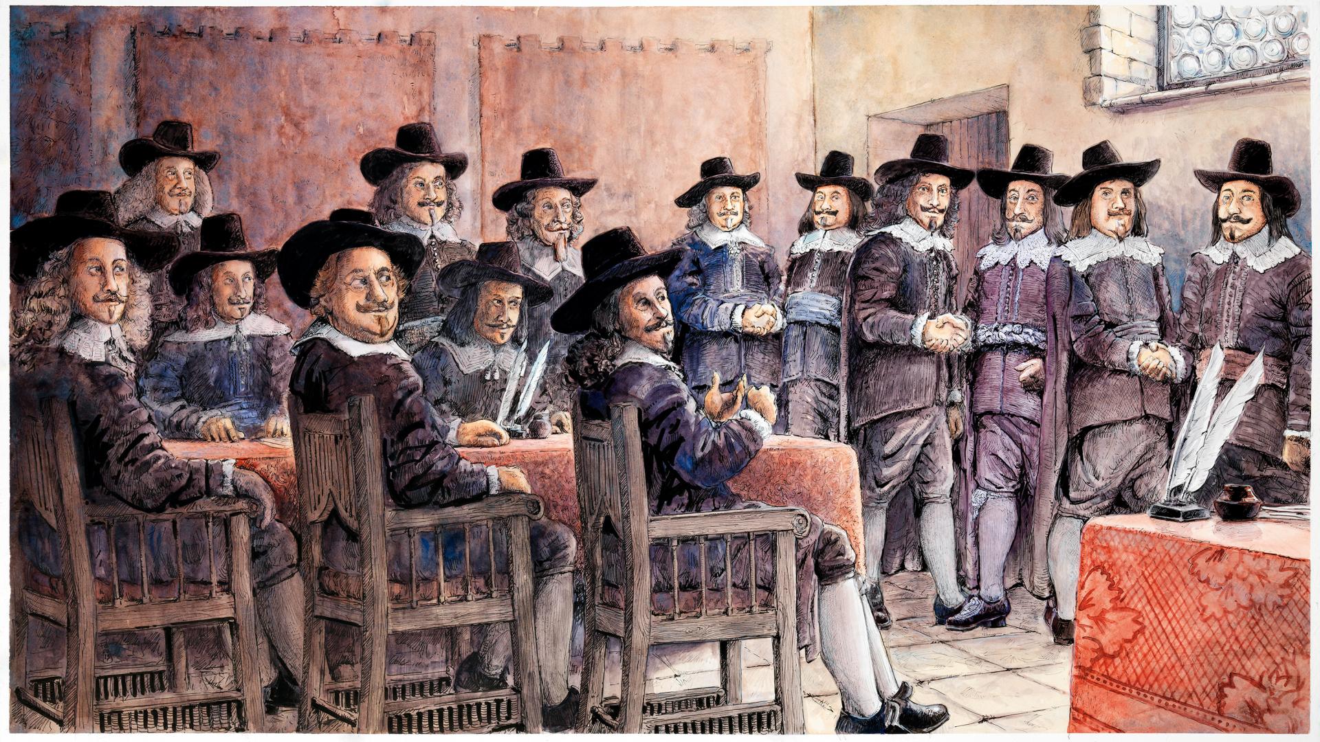 Historisches Bild mit vielen Menschen, die sich die Hand geben